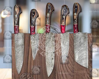 Gift Crafts Handmade Damascus Steel 5 Pcs  CHEF KNIFE SET, Dollar Wood, Wedding Anniversary Gift for Husband,  Gift for Her, Gift for Him