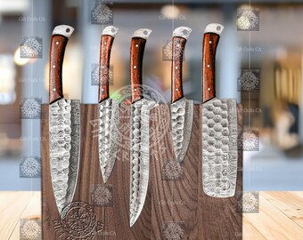 Cadeau voor hem Custom Hand Forged Damascus Chef Messen Set, Handgemaakt Keukenmes, Damascus Koksmessen, Kookmes, Keukenmessen Geschenken