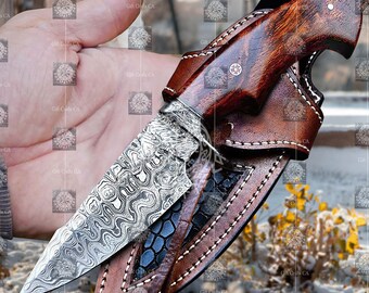 Custom HandForged Damascus Steel Fixed Blade Camping Viking Hunting Bowie Knife, Personalized Wedding Anniversary Gift for Him, Gift for Men