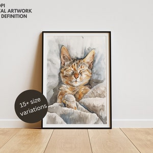 Charming Ginger Cat Nap Art Print, Cozy Feline DIGITAL Download, Printable Orange Tabby Cat Art, Home Pet Wall Decor, Animal Lover Gift