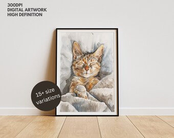 Ingwer getigerte Katze Nickerchen Kunstdruck: Gemütliches Haustier Wand-Dekor (Digitaler Download)