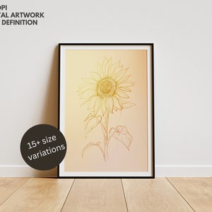 Sonnenblume Illustration, DRUCKBARE Blume Wandbild, Sonnenblume Zeichnung, digitaler Download, Florale Kunst, Handgezeichnet Stil