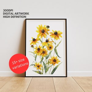 Colorful Black Eyed Susan Digital Watercolor Print, Minimalist Boho Wall Decor, Floral Wall Art, Instant Download, PRINTABLE Flower Prints