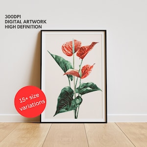 Vibrant Anthurium Watercolor Digital Print, Minimalist Boho Wall Decor, Floral Wall Art, Instant Download, PRINTABLE Flower Prints