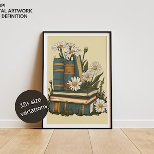 Impressão digital de arte de livros vintage e margaridas, ilustração de livro botânico imprimível, decoração de biblioteca floral, arte de flores desenhadas à mão