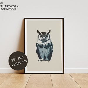Majestic Owl Portrait, PRINTABLE Animal Wall Art, Blue and White Owl Image, Digital Download, Wildlife Art, Bird Decor