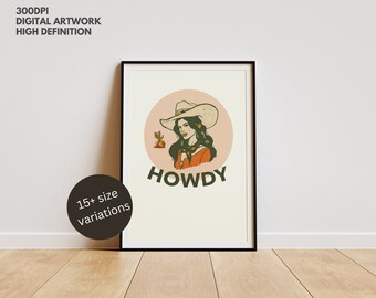 Könnte beinhalten: Ein druckbarer digitaler Kunstdruck mit einer Frau, die einen Cowboyhut und ein rotes Hemd mit dem Wort "HOWDY" in grünem Text trägt.