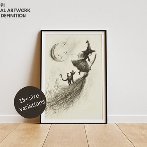 Digital Scary Witch and Black Cat Print, Haunting Black Cat PRINTABLE Art, Halloween Spooky Scene Wall Art, Gothic Art
