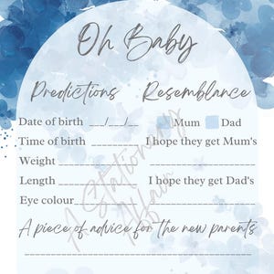 Carte de prédictions de baby shower (imprimable/téléchargeable) - BLEUE.