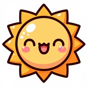 Può includere: Un sole dei cartoni animati con un viso sorridente e guance rosate. Il sole è giallo con un contorno arancione brillante e ha una macchia bianca sul viso.