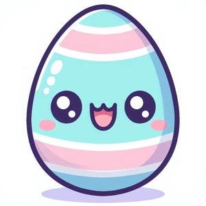 Puede incluir: Un huevo de Pascua rayado azul y rosa con una linda carita de dibujos animados. El huevo tiene ojos grandes, una boca pequeña y mejillas sonrosadas.
