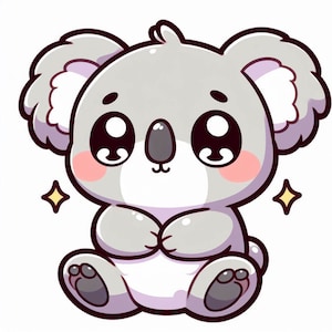 May include: A cartoon illustration of a koala bear with large, expressive eyes and a sweet expression. The koala is depicted in shades of gray and white, with pink accents on its cheeks. Two yellow starbursts are on either side of the koala.