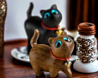 Cute Cat - Carved Wooden Cat Figurine - Blue Eye Crafted Wood Cats - Unique Collectible - Perfect Gift for Cat Lovers Cat gift, gift for her