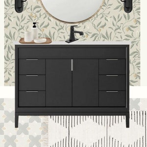 Mediterraneo Moderno - Moodboard Completa per il Design del Bagno. Piastrelle con motivi, carta da parati, arte, accessori, piastrelle per doccia e pavimenti, vanità.