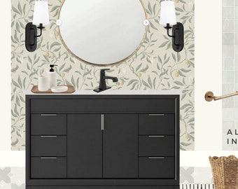 Modern Mediterranean - Complete Mood Board for Bathroom Design. Patterned Tile, Wallpaper, Art, Accessories, Shower and Floor Tile, Vanity.