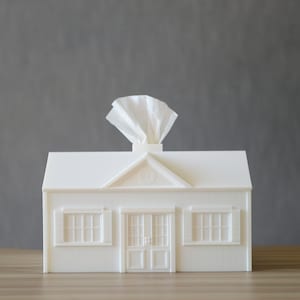 May include: White tissue box shaped like a small house with a white tissue sticking out of the top. The house has two windows and a door.