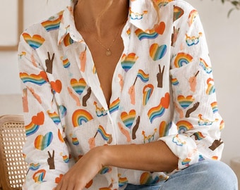LGBTQ+ Pride Rainbow Blouse Shirt, Love Is Love Heart Button Up Top, Colorful Boho Summer Shirt For Women