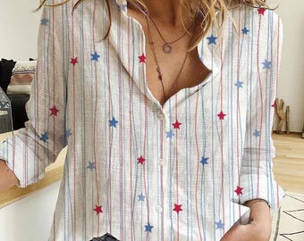 Vintage 4th of July Women's Linen Shirt, Retro USA Flag Fireworks Blouse, Patriotic Independence Day Top, Red White Blue Summer Outfit Gift