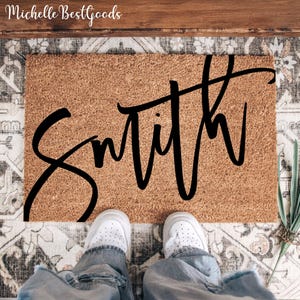 Custom Name Doormat, Personalized Family Last Name Welcome Mat, Modern Calligraphy Entry Rug, Outdoor Front Porch Decor, Housewarming Gift