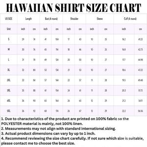 May include: A Hawaiian shirt size chart table with columns for US size, length, bust, shoulder, sleeve, and cuff measurements in inches and centimeters. The chart lists sizes from S to 5XL and includes notes about polyester fabric and sizing.