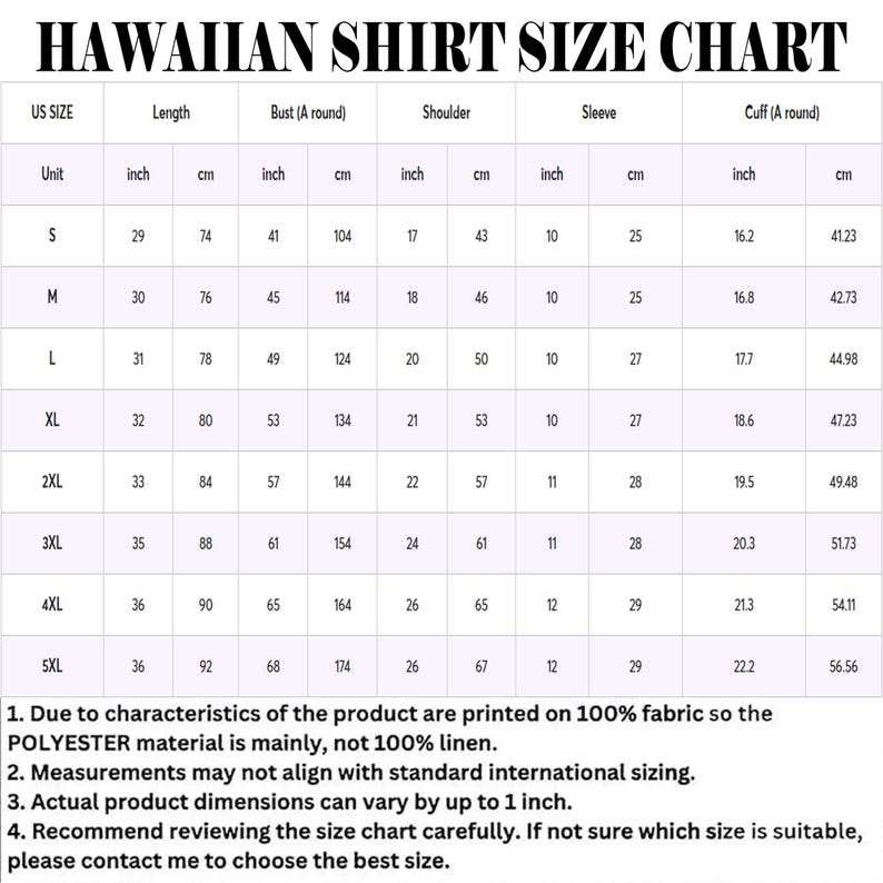 May include: A Hawaiian shirt size chart table with columns for US size, length, bust, shoulder, sleeve, and cuff measurements in inches and centimeters. The chart lists sizes from S to 5XL and includes notes about polyester fabric and sizing.