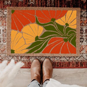 Retro Poppy Doormat, Vintage Boho Modern Gift for Home, Modern Botanical Floral Welcome Mat, Porch Decor Gift, Mid-Century Porch Decor