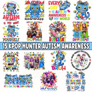 May include: A collection of colorful digital art designs with autism awareness themes. The designs feature cartoon tigers, puzzle pieces, and text like "Autism Acceptance" and "It's Okay to Be Different." The phrase "15 KPOP HUNTER AUTISM AWARENESS" is prominently displayed.
