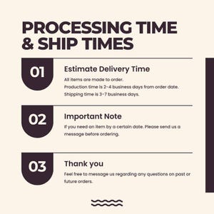 May include: An informational graphic with a cream background and dark brown text titled PROCESSING TIME & SHIP TIMES. It lists three numbered sections: 01 Estimate Delivery Time, 02 Important Note, and 03 Thank you, with instructions for orders.