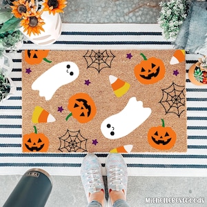 Halloween Doormat with Cute Ghosts, Pumpkins Doormat, Candy Corn Porch Decor, Spooky Fall Welcome Mat, Outdoor Autumn Front Door Rug