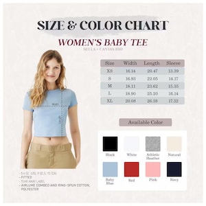 K&ouml;nnte beinhalten: Eine Gr&ouml;&szlig;en- und Farbtabelle f&uuml;r ein Bella + Canvas 1010 Baby-T-Shirt. Die Tabelle zeigt Breiten-, L&auml;ngen- und &Auml;rmelma&szlig;e in cm f&uuml;r die Gr&ouml;&szlig;en XS bis XL. Sie enth&auml;lt eine visuelle Anleitung und eine &Uuml;bersicht von acht verf&uuml;gbaren Farben.