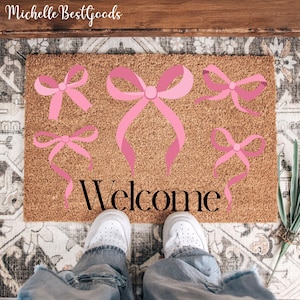 Welcome Pink Bow Doormat, Watercolor Pinky Bow Welcome Doormat, Watercolor Bow Lover Gift, Front Door Mat, Pink Bow Ribbon Doormat