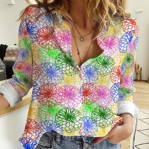Floral Colorful Patchwork Blouse, Boho Hippie Shirt for Women, Vintage Aesthetic Clothing, Summer Festival Floral Top
