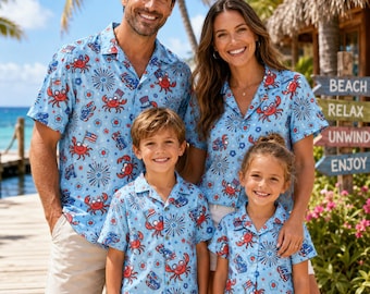 Passende Familien 4. Juli Shirts | Patriotische Krabbe Hawaii-Druck | Strand Urlaub Outfit Set