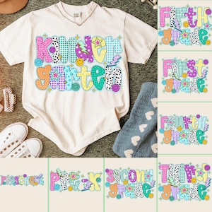 Preppy Back To School PNG Bundle Grandmillenial Coquette Pencil bow Grades Kindergarten Pre-K 1st 2d 3d 4th 5th Doodle Hand Drawn Teacher