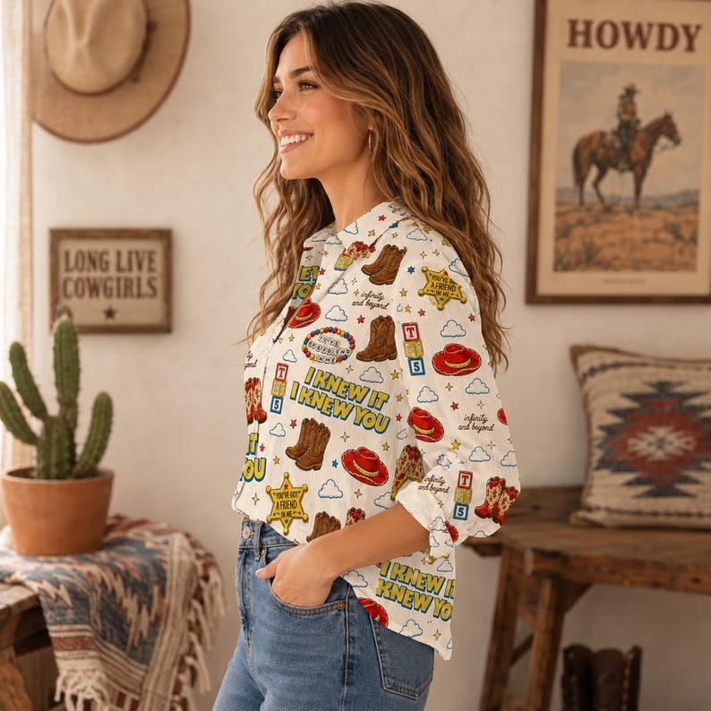 Disneyland Pixar Toy Story 5 I Knew It I Knew You Shirt, TS Toy Story 5 Inspired Wowen's Blouse, I Knew It I Knew You TS Button Down image 4