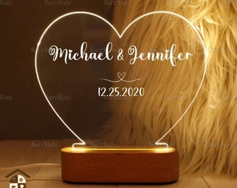 Personalized Heart Night Light, Custom Gift For Her, Custom Led Night Light, Couples Night Light, Anniversary Gift, Gift For Wife