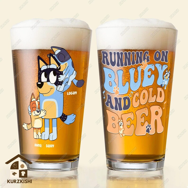 Personalized Bluey Beer Glass, Bluey and Cool Beer Glass, Bluey Daddy