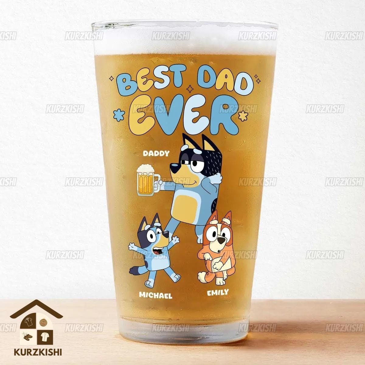 Personalized Bluey Beer Glass, Dad Bluey Beer Glass, Bluey Family Beer
