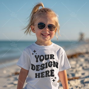 Kids White Mockup Gildan 5000B , Unisex Trendy Mock-up, Youth White Shirt, Girls Mock, Kids Gildan 5000B Mockup, Kids Beach T Shirt Mockup