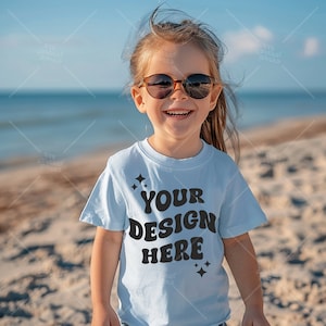 Kids Light Blue Mockup Gildan 5000B , Unisex Trendy Mock-up, Youth Light Blue Shirt, Girls Mock, Kids Gildan 5000B Mockup, Beach Mockup