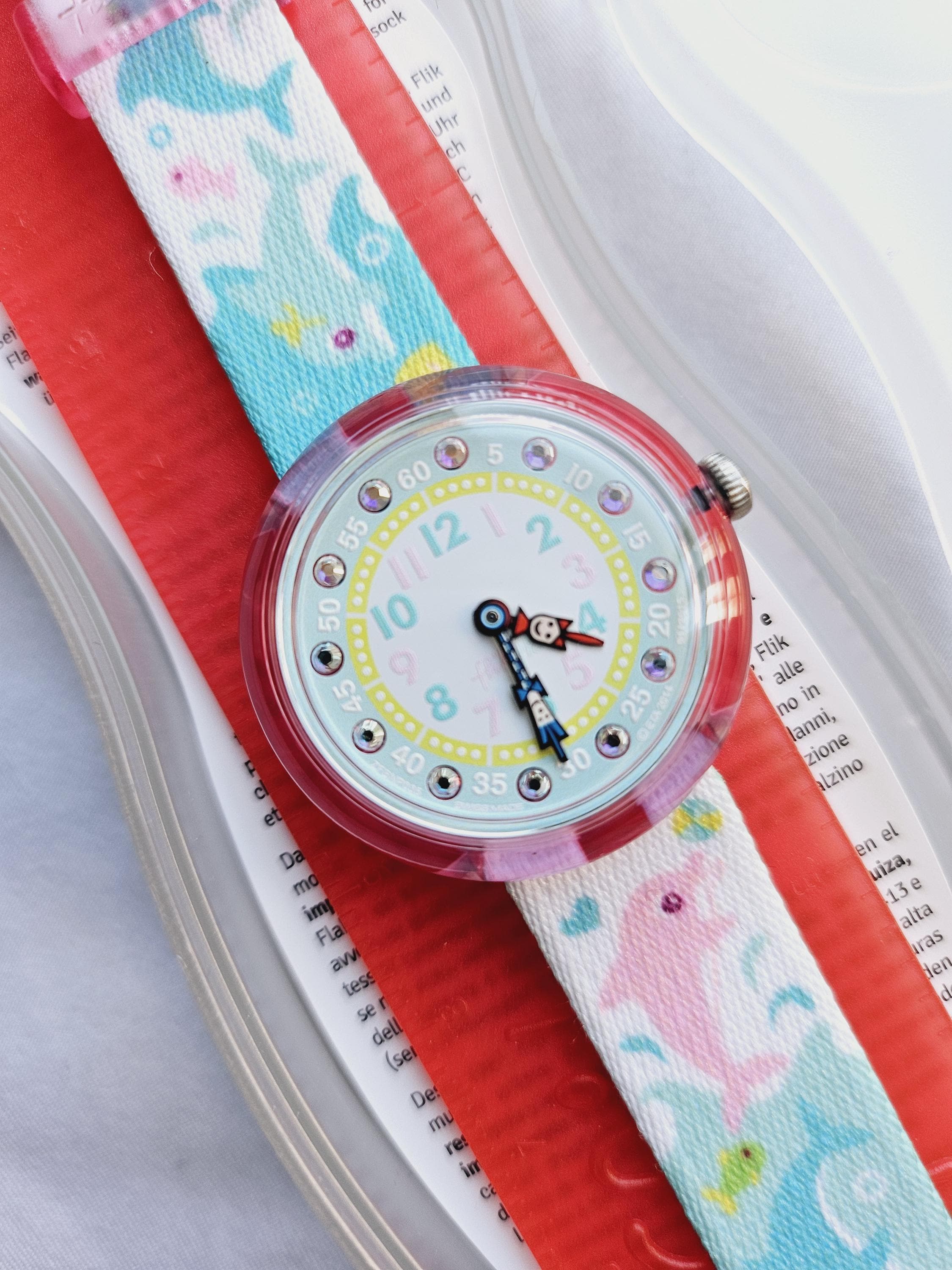 2014 Children's Flik Flak Swatch Watch, Fabric Dolphin Band