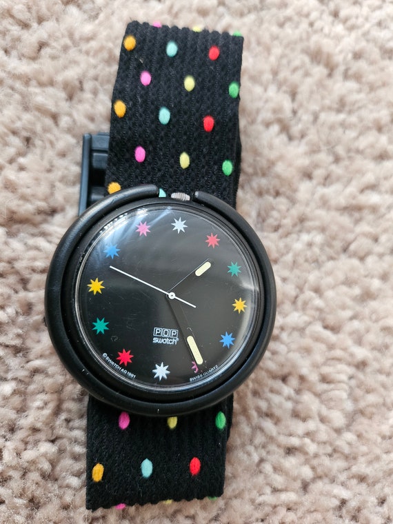 1991 Pop Swatch, Black with Colorful Pokka Dots, P