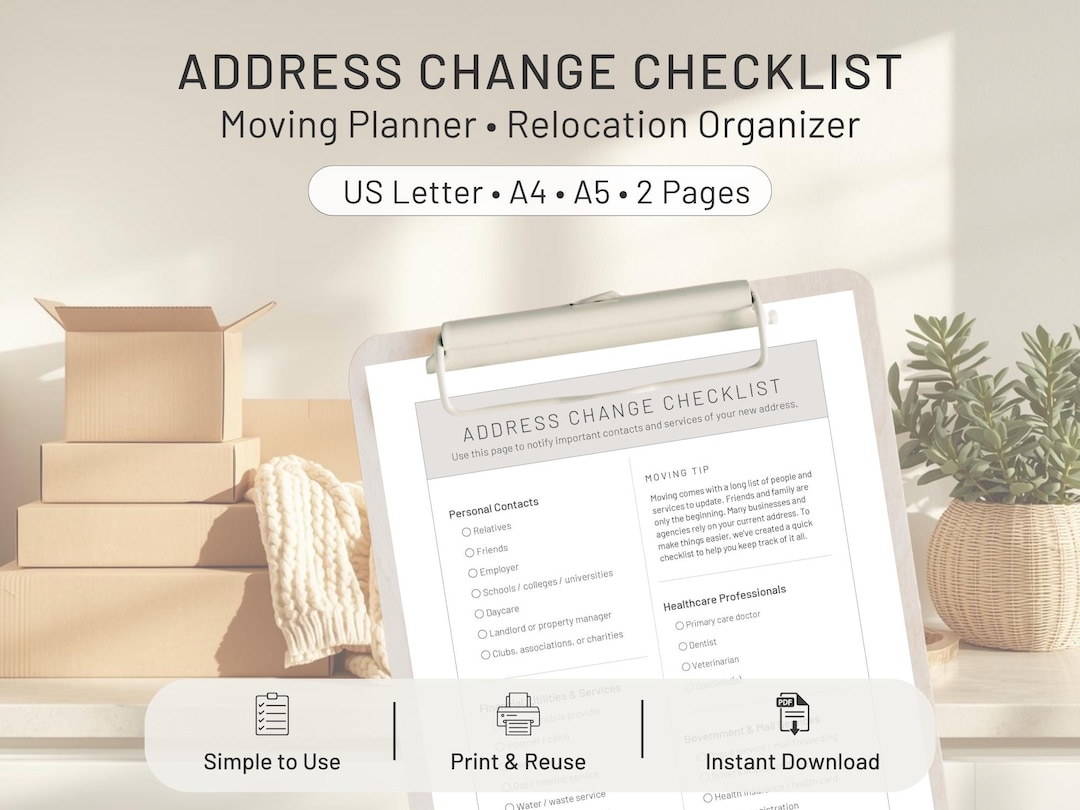 Address Change Checklist Printable, Moving Planner Page, Relocation ...