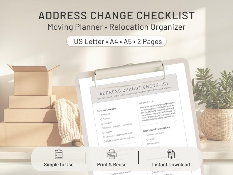 Address Relocation Address Change Checklist Printable, Moving Planner Page, Relocation ...