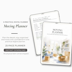May include: Two tablets displaying a digital moving planner. The screen shows the text Moving Planner, a moving day schedule, and a watercolor illustration of a living room with cardboard boxes, a blue sofa, and a bookshelf filled with books.
