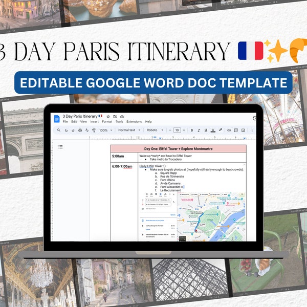 3 Day Paris Itinerary | Editable Google Word Doc Template | Paris Trip Planner | Full Travel Itinerary | Paris Guide | Instant Download