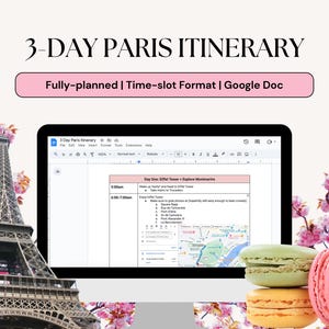May include: A computer screen displaying a Google Doc with a 3-day Paris itinerary. The itinerary is divided into time slots and includes activities such as visiting the Eiffel Tower and exploring Montmartre. The screen is surrounded by pink cherry blossoms and macarons.