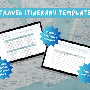 May include: A digital image of a computer screen displaying a Google Doc template for a travel itinerary. The template includes sections for packing checklist, to-do list, and daily itinerary. The image is overlaid with a blue starburst graphic that says "Editable Google Doc Template".