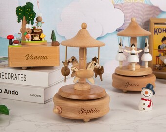 Personalized Musical Carousel,Wooden Music Box,Engraved Name Music Box,Baby Shower Gift,Baby Birthday Gift,Music Box,Perfect for Birthdays