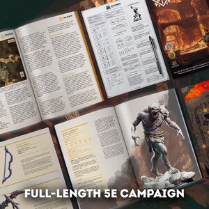 May include: A full-length Dungeons and Dragons 5th Edition campaign book with a green and gray monster on the cover. The book is open to a page with a monster stat block and a map of a city.